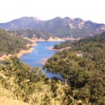 A river flows by forested hills at Cooley Ranch.