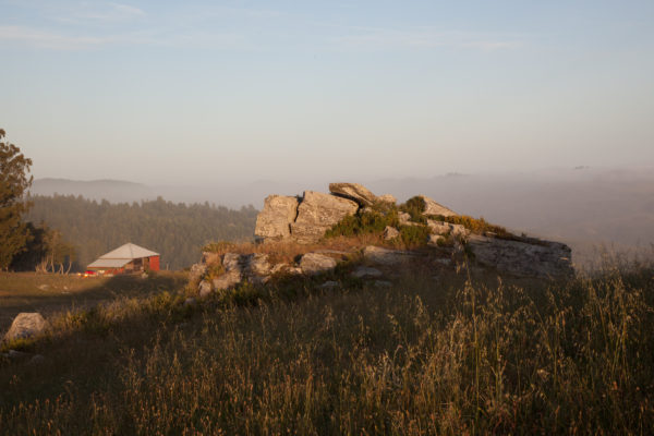 outcropping and red barn at Jenner Headlands