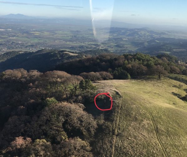 An aerial view of the rain gauge on the McCrea property atop Sonoma Mountain with a red circle around the gauge.