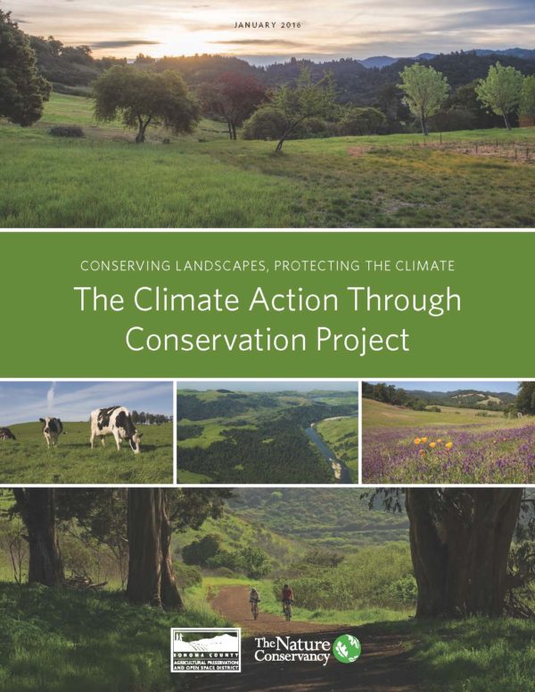 Conserving landscapes, protecting the climate. The Climate Action Through Conservation Project. Logos for Ag + Open Space and the Nature Conservancy.