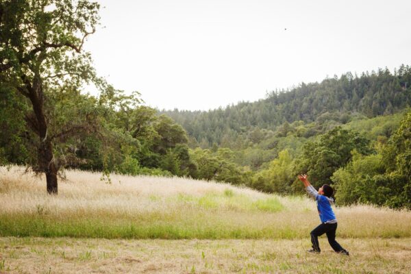 A child in a field reaching his hands in the air
