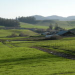 Rolling green hills overlooking a barn and buildings.