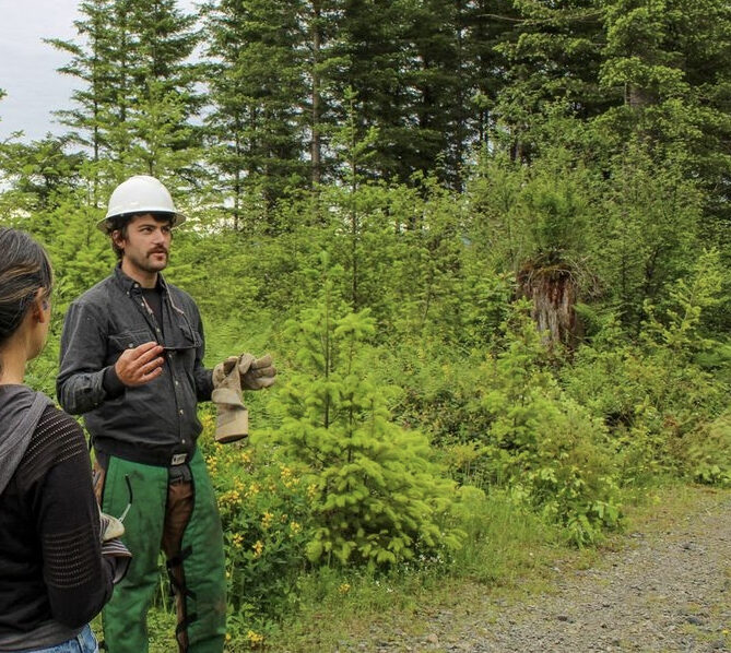 Man with hard hat in forest speaking to a woman