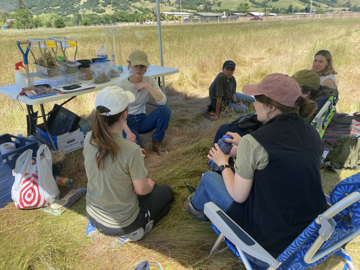 A group of people sitting in a circle, some on the ground and some in chairs. They are talking to one another and listening.