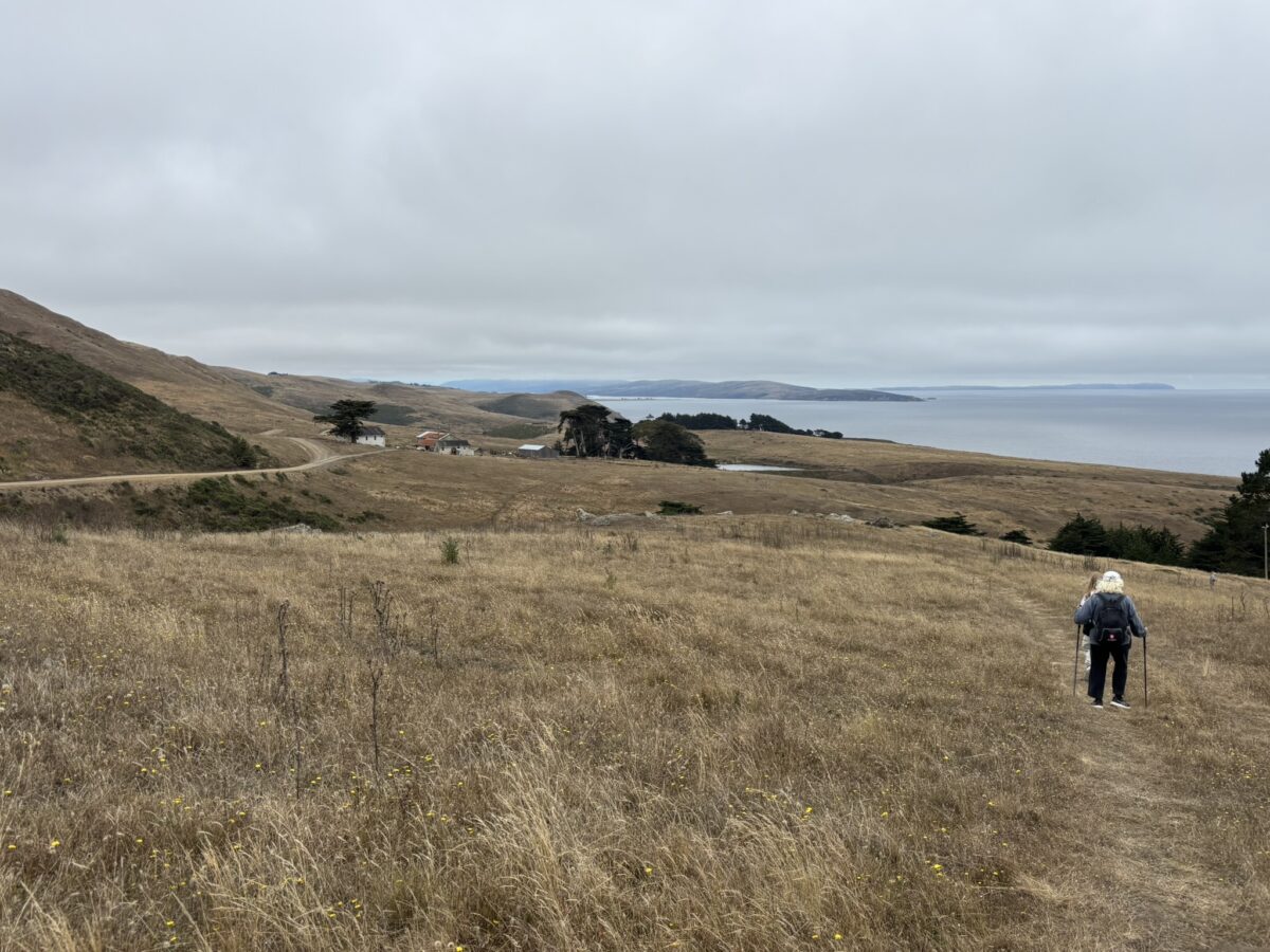Image of grasslands overlooking the ocean with hikers on a trail.