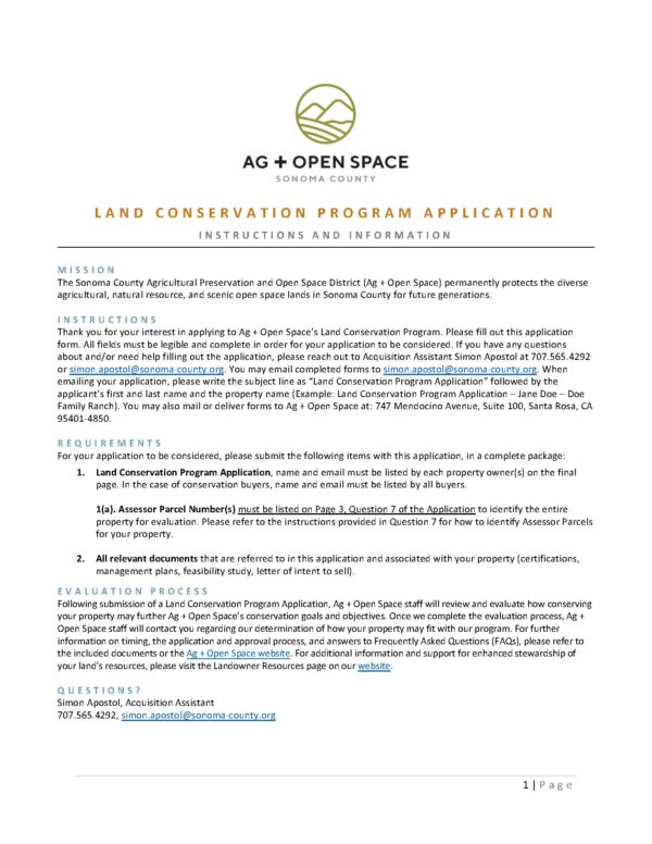 Image of the first page of the land conservation program application. All relevant info can be found by clicking on the image, or the link below, that will take you to the PDF application.