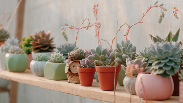 Potted succulents on a shelf