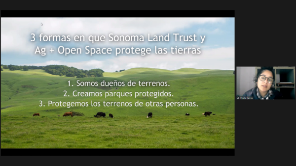 Zoom screenshot of Sonoma Land Trust instructor introducing a virtual field trip in Spanish. 