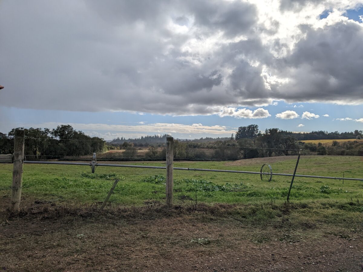 Landscape view of wooden fence, green field, and trees and hills in the distance. The sky is blue but has large white and grey clouds.