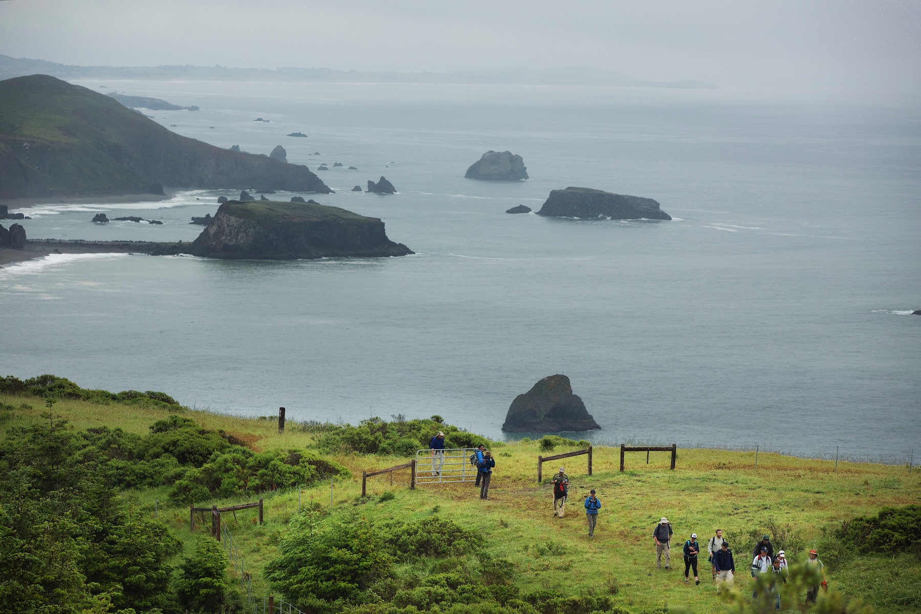 group of people hiking to the ocean