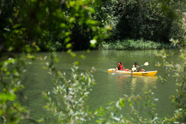 Two people on Russian River in a yellow kayak.