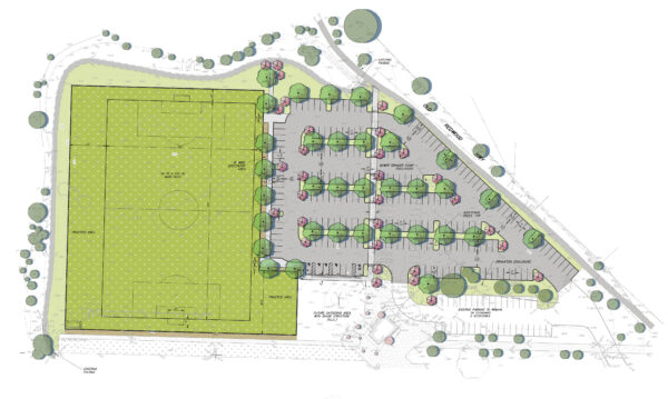 Sketch of the site plan for Tom Schopflin fields including a soccer field and parking area.