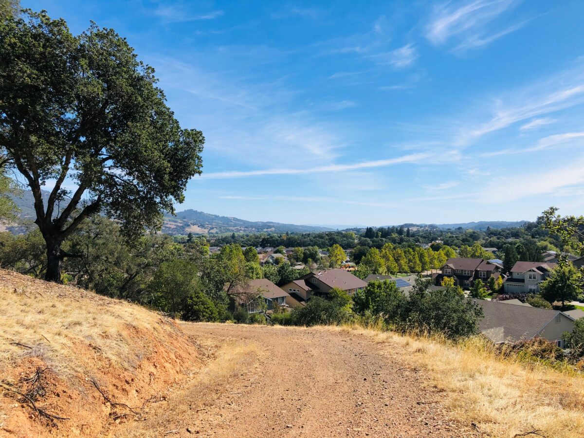 Looking up a dirt road, with residential houses and green trees in the background. At Soda Springs Open Space Preserve.