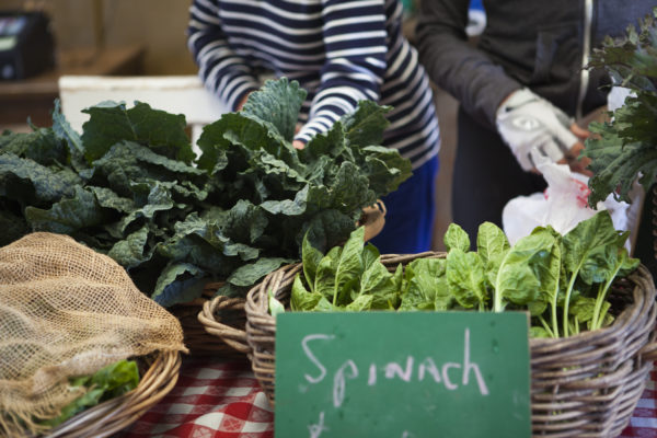 Close up of greens in baskets, being sold at a farmers market.