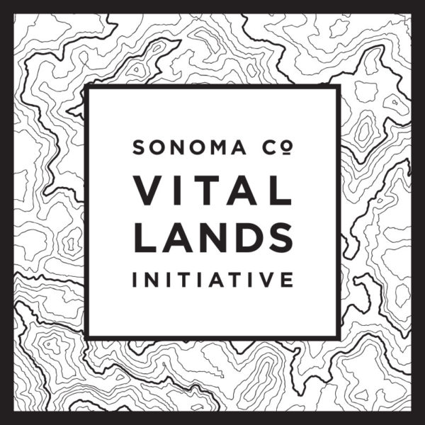 Logo that says Sonoma Co Vital Land Initiative with topographic lines in black and white around it. 