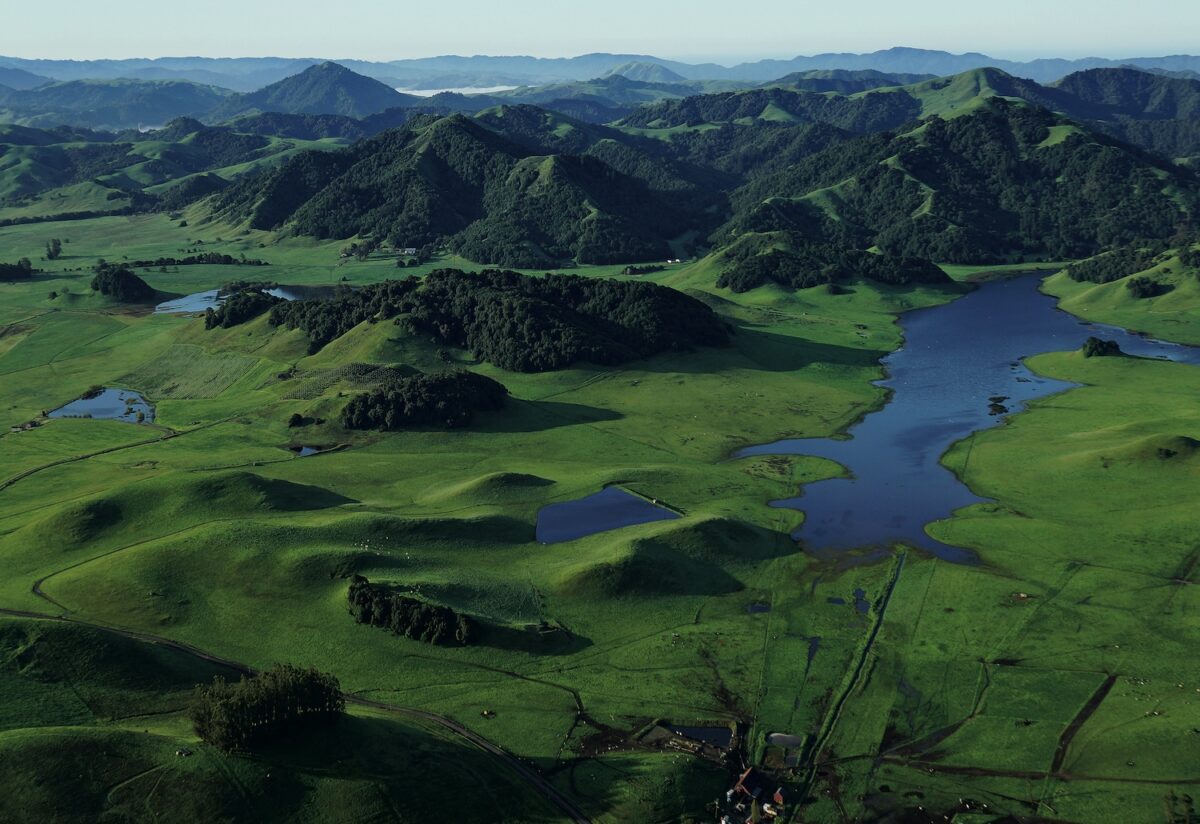aerial view of hills and water
