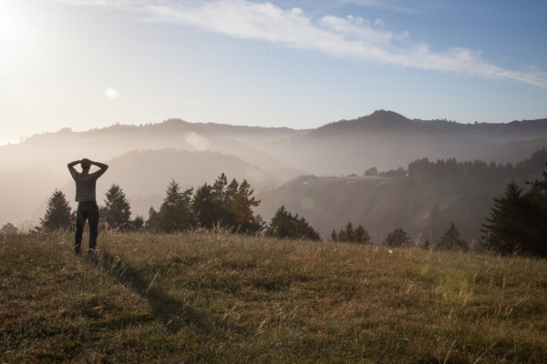 Man looking out from field towards foggy coastline at Jenner Headlands