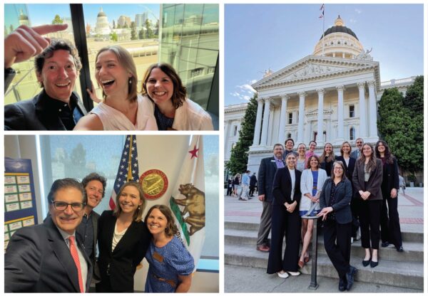 Series of three photos, staff gather for photos with California state capitol building in the background